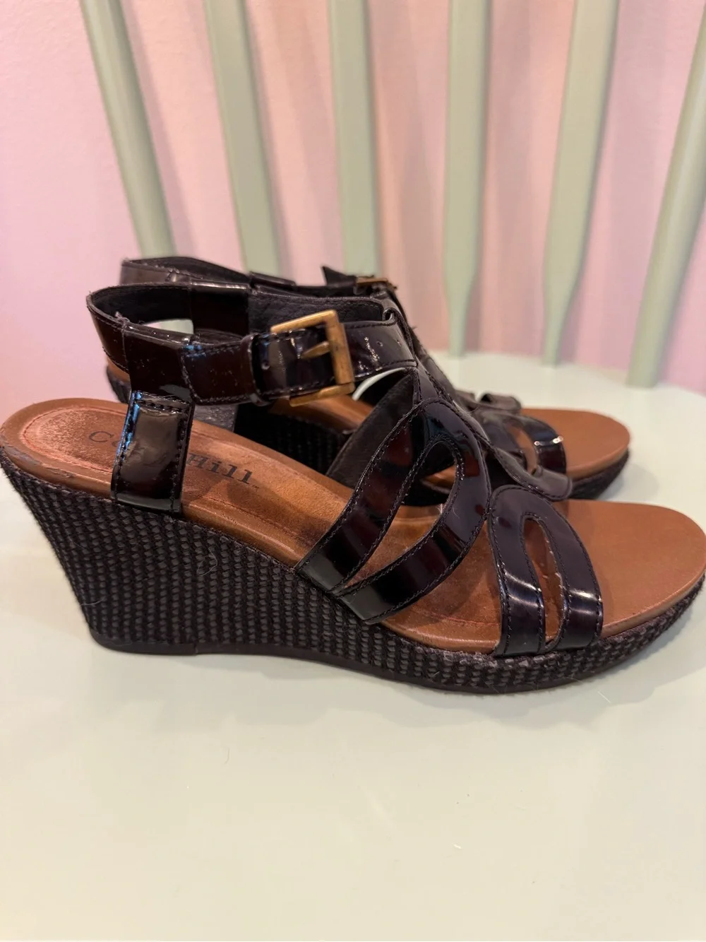 Black Patent Wedge Sandals with Ankle Buckle